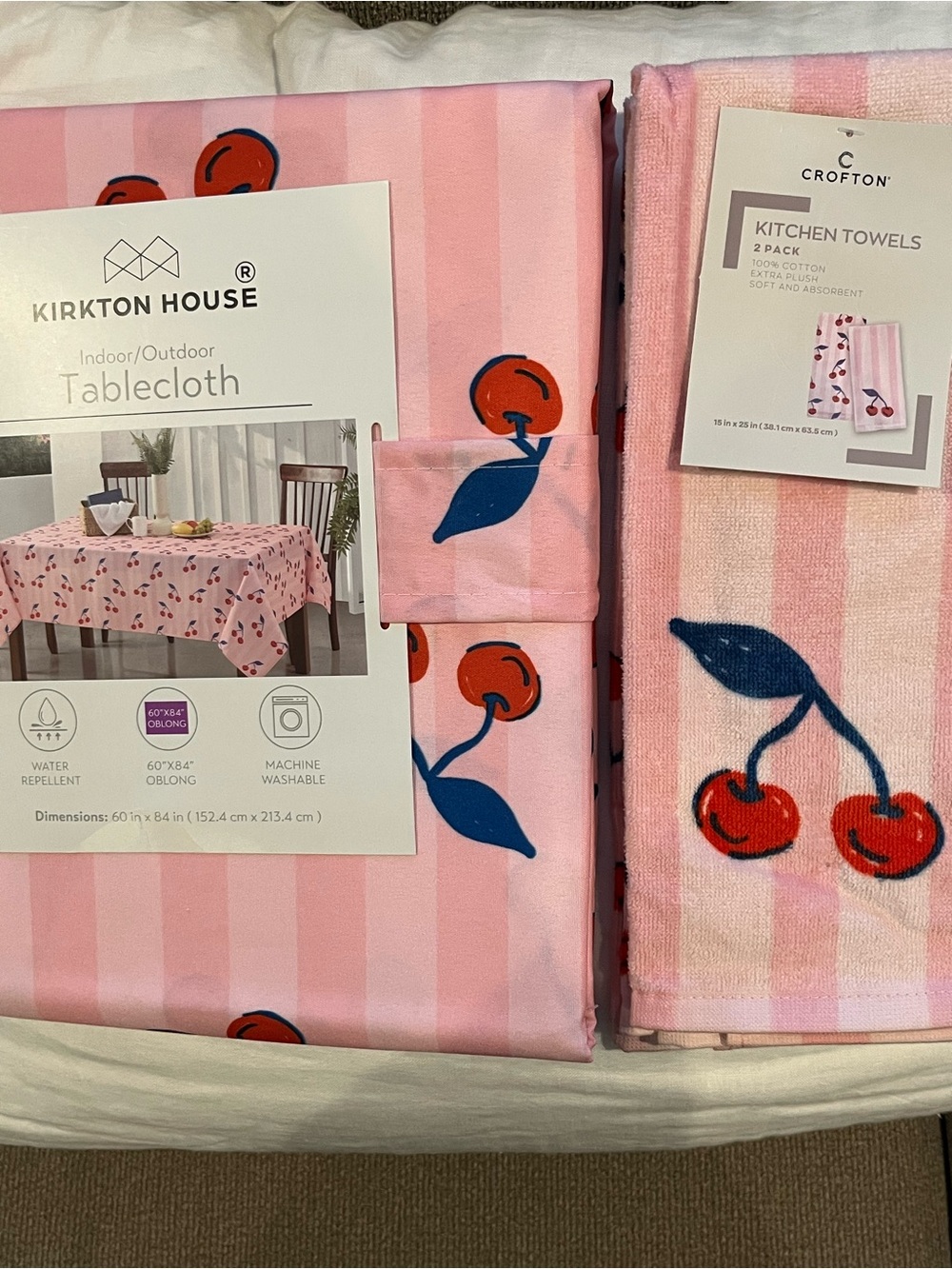 Kirkton House Pink Cherry Tablecloth & Crofton Pink Cherry Kitchen Towels Set